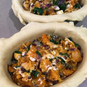 Goat Cheese, Sweet Potato, Spinach and Red Onion Pie